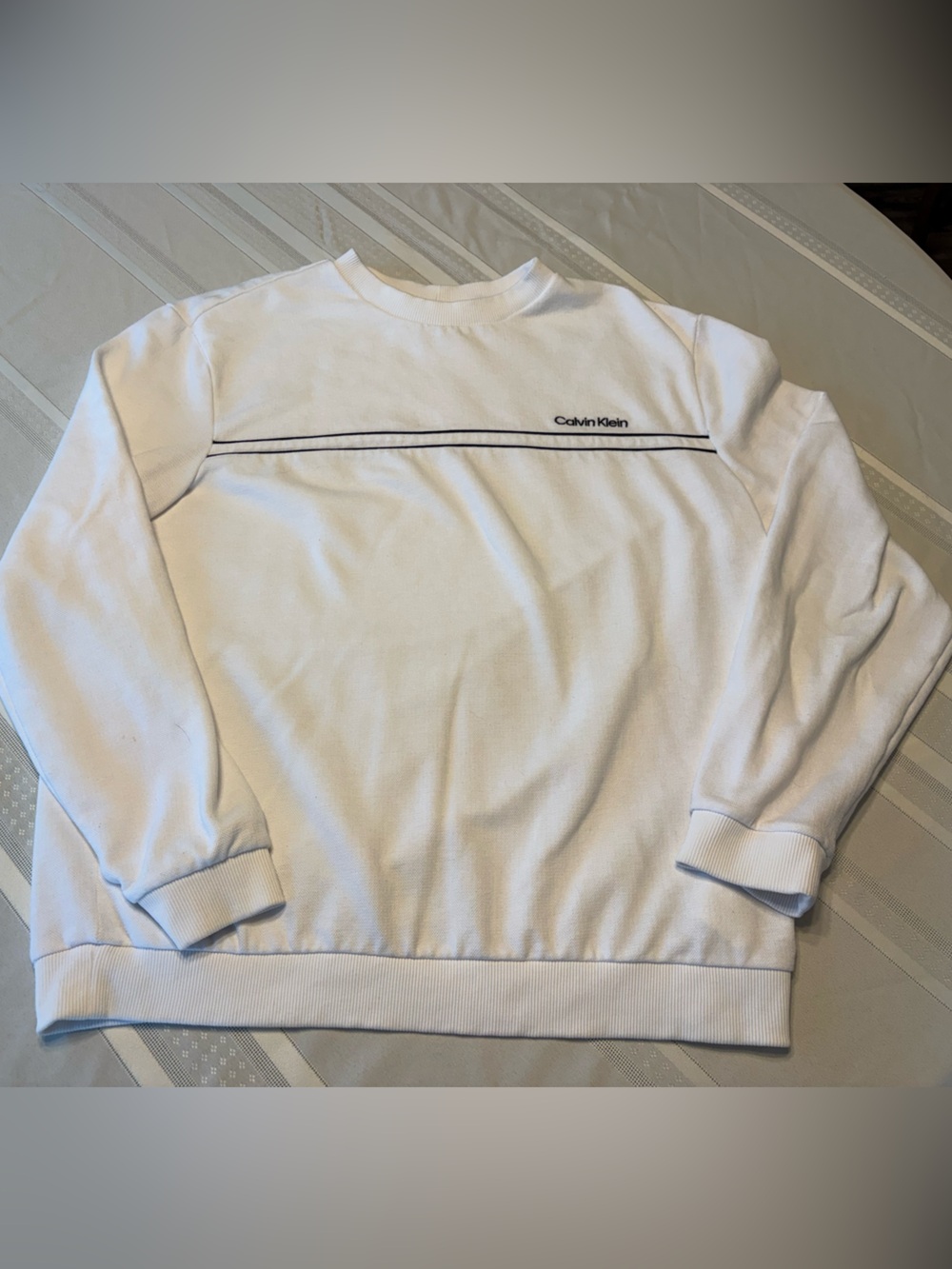 Calvin Klein White Crewneck Sweatshirt with Thin Black Chest Stripe